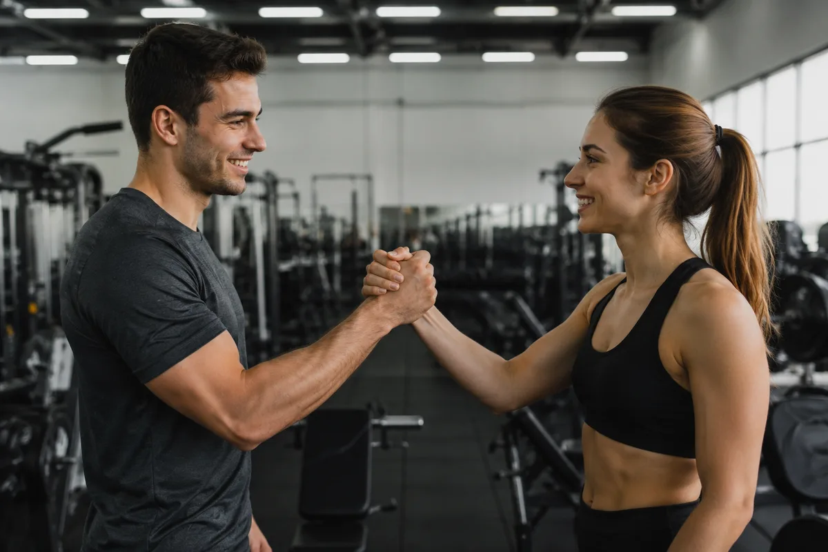 Dos personas cierran su acuerdo de entrenamiento con un apretón en el gimnasio.